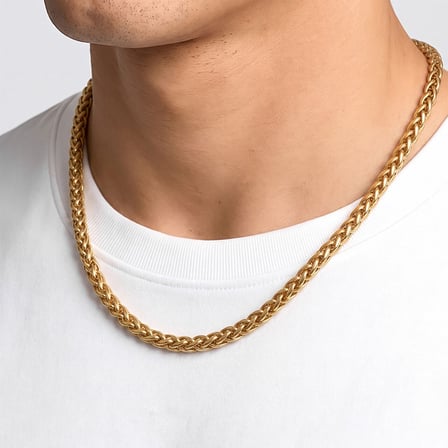💎 Premium Parlak ve Şık Hasır Örgü Erkek Çelik Kolye 6MM 55CM 3183ECK018 - Gold Renk