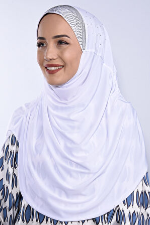 Taşlı Pileli Hijab Beyaz  - Beyaz