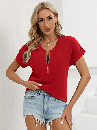 Kadın Kısa Kollu V Yaka Fermuarlı Salaş Sandy Bluz
