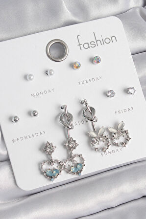 Pirinç Gümüş Renk Sallantı Zirkon Taşlı Kalp Model Düğüm Detay 7 Çift Kadın Küpe Seti