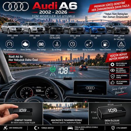 Audi A6 2002-2026 modeller için head up display hayalet gösterge ekranı ön cam hız göstergesi