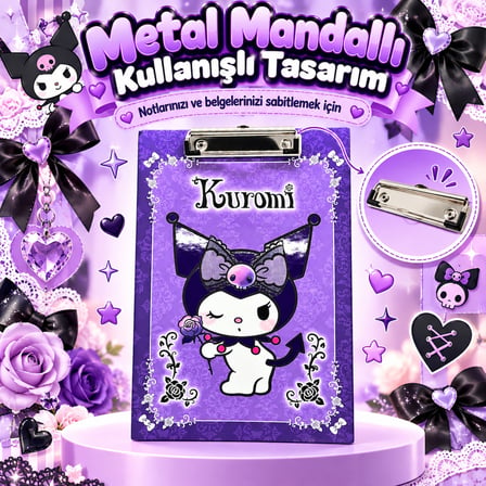 BakGelAl Kuromi Mor Güllü Desenli Metal Mandal Klipsli Sekreterlik ve Bloknot Altlığı (A4 Uyumlu)