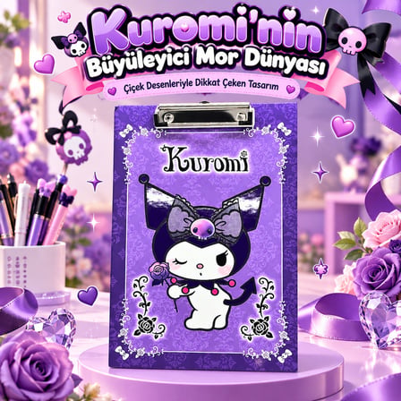 BakGelAl Kuromi Mor Güllü Desenli Metal Mandal Klipsli Sekreterlik ve Bloknot Altlığı (A4 Uyumlu)