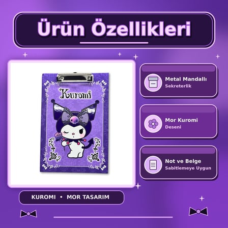 BakGelAl Kuromi Mor Güllü Desenli Metal Mandal Klipsli Sekreterlik ve Bloknot Altlığı (A4 Uyumlu)