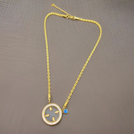 Çeyreklik Model Nazar Boncuk Detaylı Parlak Taşlı Gold Renk Antialerjik Çelik Kolye - Şans ve Şıklık