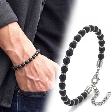 💎 Premium Parlak Ve Şık Siyah Oniks & Beyaz Hematit Taşlı Çelik Erkek Bileklik (23Cm Ayarlanabilir)