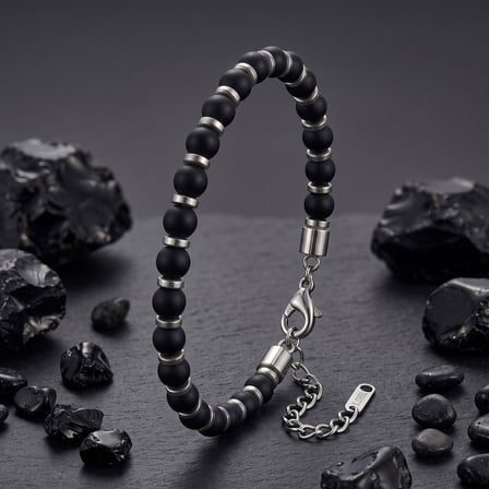 💎 Premium Parlak Ve Şık Siyah Oniks & Beyaz Hematit Taşlı Çelik Erkek Bileklik (23Cm Ayarlanabilir)