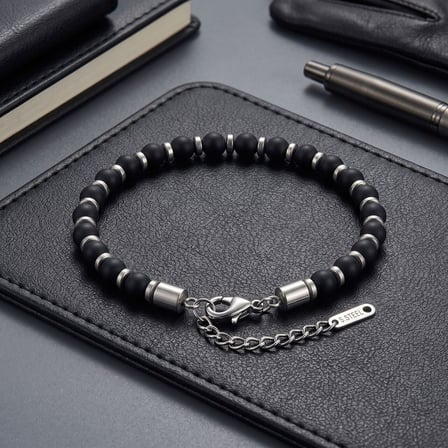 💎 Premium Parlak Ve Şık Siyah Oniks & Beyaz Hematit Taşlı Çelik Erkek Bileklik (23Cm Ayarlanabilir)