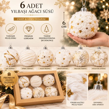 Premium 6 cm Yılbaşı Ağacı Top Süs Seti – 6’lı Lüks Pelüş & Desenli Ağaç Süsü 