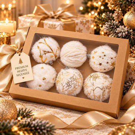 Premium 6 cm Yılbaşı Ağacı Top Süs Seti – 6’lı Lüks Pelüş & Desenli Ağaç Süsü 