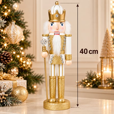 BakGelAl 40 cm Altın Taçlı Fındıkkıran Kral Figürü, Gold Yılbaşı Dekoratif Biblo, Yeni Yıl Ev ve Ofis Süsü