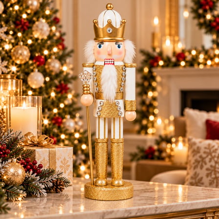 BakGelAl 40 cm Altın Taçlı Fındıkkıran Kral Figürü, Gold Yılbaşı Dekoratif Biblo, Yeni Yıl Ev ve Ofis Süsü
