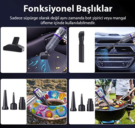 Turbo 16000 pa emiş gücü çantalı üfleme özellikli araba süpürgesi araç ev kullanımı uzun şarj süresi