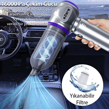 Turbo 16000 pa emiş gücü çantalı üfleme özellikli araba süpürgesi araç ev kullanımı uzun şarj süresi