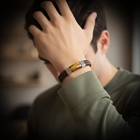   Kaplan Gözü Taşlı Kahverengi Deri Erkek Çelik Bileklik 31834B6D2 