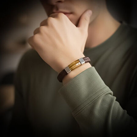   Kaplan Gözü Taşlı Kahverengi Deri Erkek Çelik Bileklik 31834B6D2 