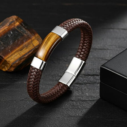   Kaplan Gözü Taşlı Kahverengi Deri Erkek Çelik Bileklik 31834B6D2 