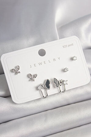 925 Ayar Gümüş Çivi Pirinç Gümüş Renk Zirkon Taşlı Kelebek Model Kadın Küpe Seti