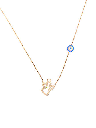 925 Ayar İthal Gümüş Altın Renk Zirkon Taş Melek ve Nazar Boncuğu Kolye Anlamlı ve Şık Tasarım