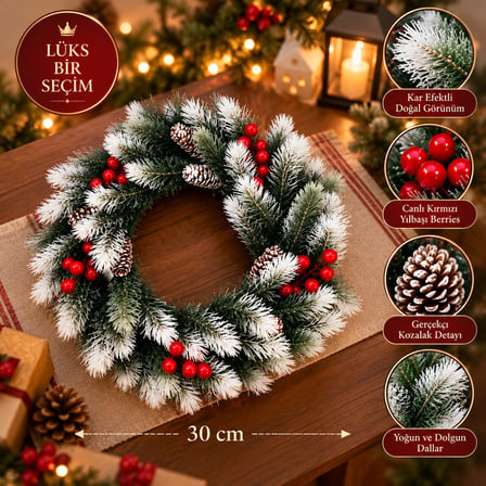 BakGelAl Lüks 30 cm Doğal Görünümlü Kokina ve Kozalak Detaylı Yılbaşı Kapı Süsü – Yeni Yıl Çam Çelengi Karlı