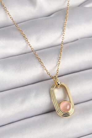 316L Çelik Gold Renk Pembe Kedi Göz Model Kadın Kolye - Lisinya