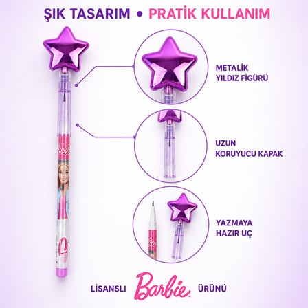 BakGelAl Barbie Yıldız Figürlü Geçmeli Silgili Kalem – Eğlenceli Kırtasiye Kalemi
