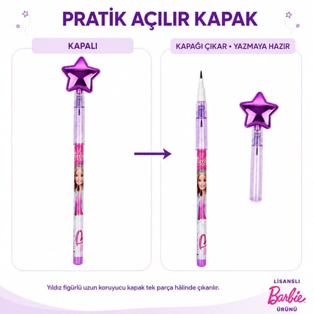 BakGelAl Barbie Yıldız Figürlü Geçmeli Silgili Kalem – Eğlenceli Kırtasiye Kalemi