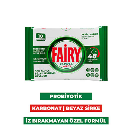 Fairy Yüzey Temizleme Mendili Beyaz Sabun 10 Yaprak 3 Adet | Beyaz Sirke Karbonat