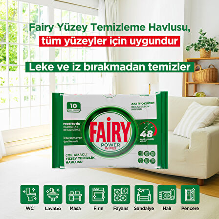 Fairy Yüzey Temizleme Mendili Beyaz Sabun 10 Yaprak 6 Adet | Beyaz Sirke Karbonat
