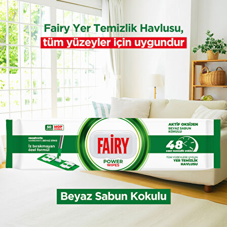 Fairy Power Wipes Mop Uyumlu Yer Temizlik Havlusu 50 Yaprak | Beyaz Sabun | 3 Adet