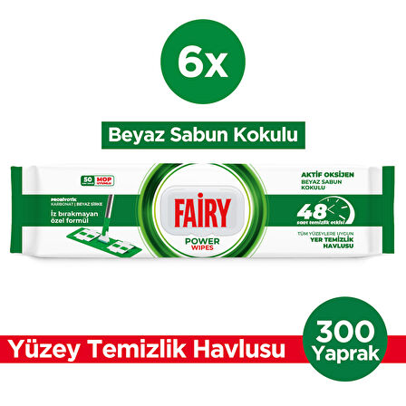Fairy Power Wipes Mop Uyumlu Yer Temizlik Havlusu 50 Yaprak | Beyaz Sabun | 6 Adet