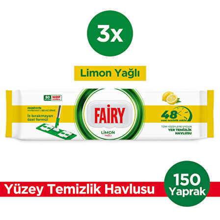 Fairy Power Wipes Mop Uyumlu Yer Temizlik Havlusu 50 Yaprak |Limon Yağlı | 3 Adet