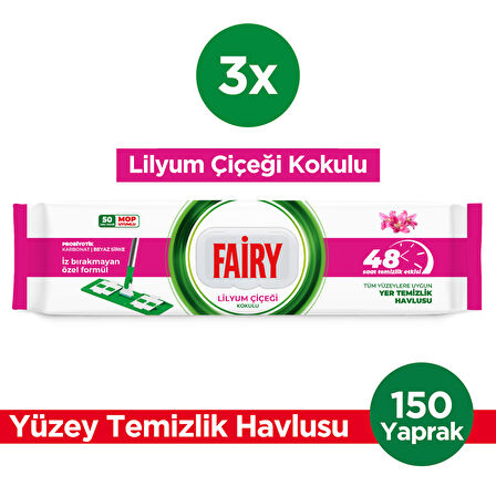 Fairy Power Wipes Mop Uyumlu Yer Temizlik Havlusu 50 Yaprak | Lilyum Çiçeği | 3 Adet