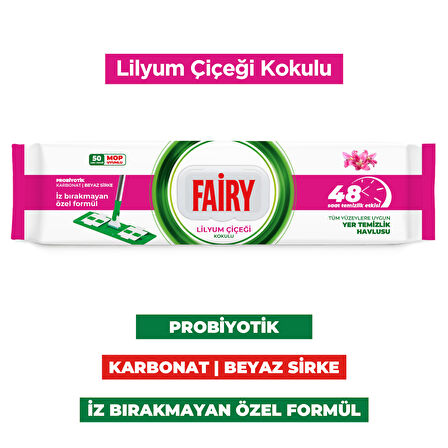 Fairy Power Wipes Mop Uyumlu Yer Temizlik Havlusu 50 Yaprak | Lilyum Çiçeği | 3 Adet