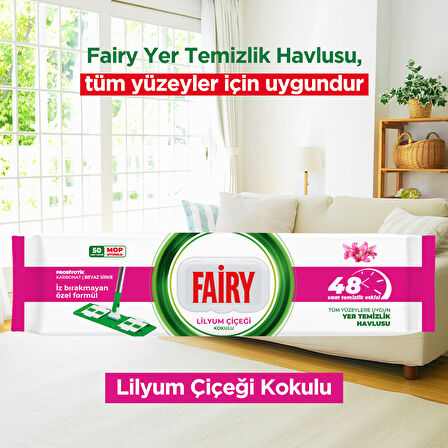 Fairy Power Wipes Mop Uyumlu Yer Temizlik Havlusu 50 Yaprak | Lilyum Çiçeği | 3 Adet