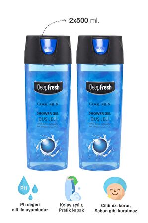 Deep Fresh Cool Men Canlandırıcı Tüm Ciltler İçin Kalıcı Kokulu Duş Jeli 2 x 500 ml