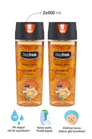 Deep Fresh Gül Aromalı Canlandırıcı Tüm Ciltler İçin Kalıcı Kokulu Duş Jeli 2 x 500 ml