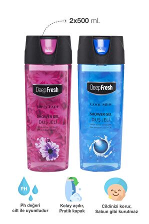 Deep Fresh Juicy Lady & Cool Men Canlandırıcı Tüm Ciltler İçin Kalıcı Kokulu Duş Jeli 2 x 500 ml