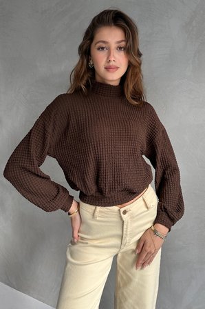 Balıkçı Yaka Dokulu Crop Bluz - KAHVERENGİ - L