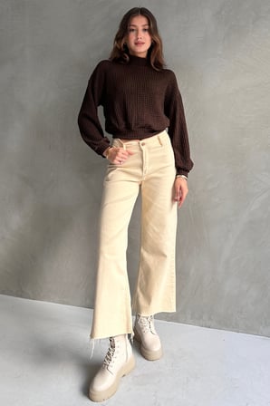 Balıkçı Yaka Dokulu Crop Bluz - KAHVERENGİ - L
