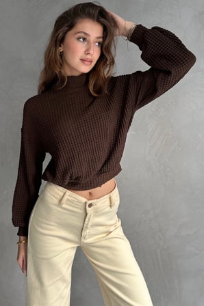 Balıkçı Yaka Dokulu Crop Bluz - KAHVERENGİ - L