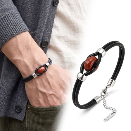 💎 Premium Parlak ve Şık Kırmızı Jasper Doğal Taşlı Çelik Deri Erkek Bileklik 31832B14D12 (23 cm)