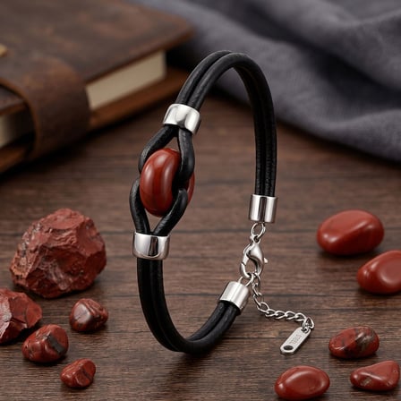💎 Premium Parlak ve Şık Kırmızı Jasper Doğal Taşlı Çelik Deri Erkek Bileklik 31832B14D12 (23 cm)