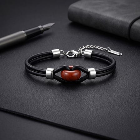 💎 Premium Parlak ve Şık Kırmızı Jasper Doğal Taşlı Çelik Deri Erkek Bileklik 31832B14D12 (23 cm)