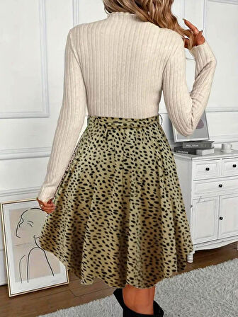 Kadın Uzun Kollu Balıkçı Yaka Belden Bağlamalı üst Kaşkorse Eteği Dalgıç Elbise