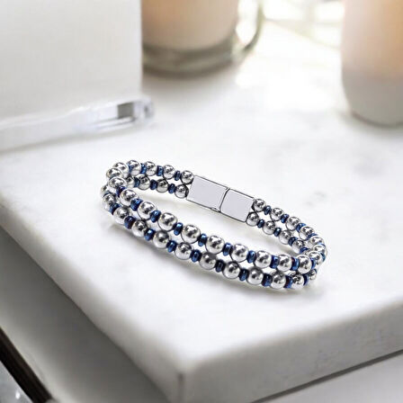  FM Çift Gümüş Ve Mavi Renk Hematit Çelik Bileklik 31832B20D3 