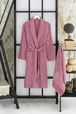Kadın Havlulu Banyo Bornoz Takımı &#37;100 Pamuklu Mürdüm - L-XL
