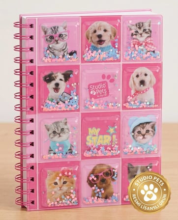 BakGelAl Studio Pets Lisanslı Hareketli Pullu Kapaklı Spiralli Defter – Kedi Köpek Desenli Pembe Çocuk  Defteri