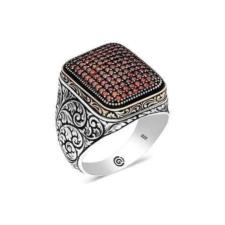 💎 Premium 925 Ayar İthal Gümüş Kırmızı Zirkon Taşlı Kare Erkek Yüzük - 30 Ölçü