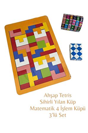 Ahşap Tetris Oyunu, Matematik 4 İşlem Küpü, Sihirli Yılan Zeka Küpü - 3'lü Oyun Seti